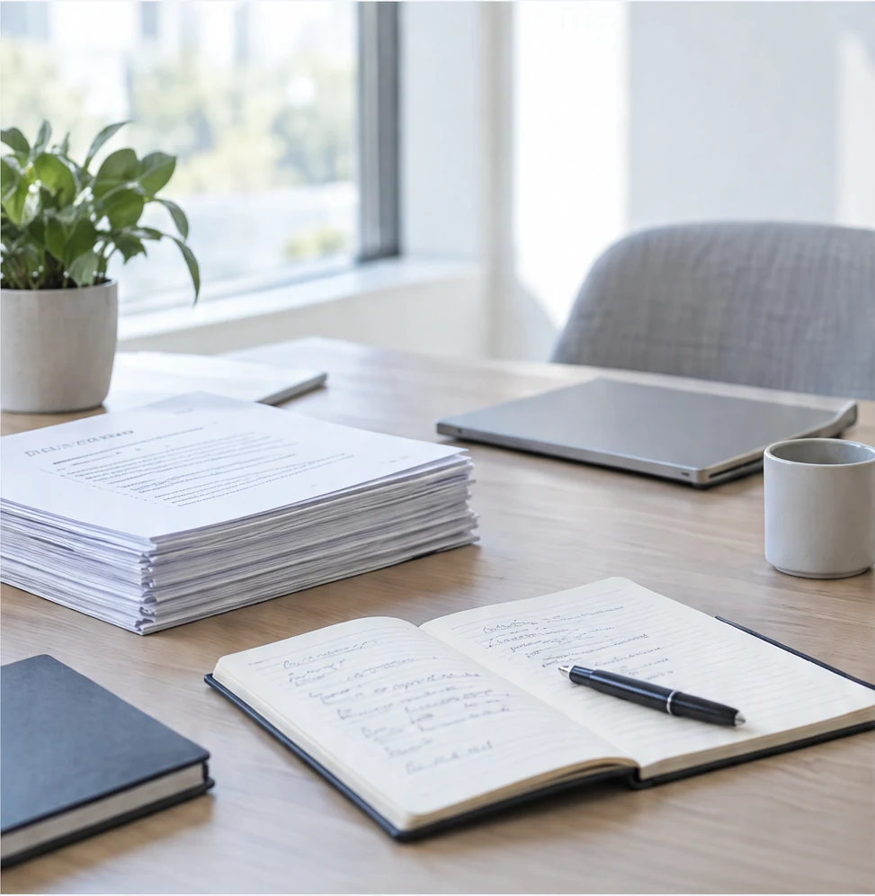 Un bureau où la réunion est prête : documents, carnet de notes, portable fermé.