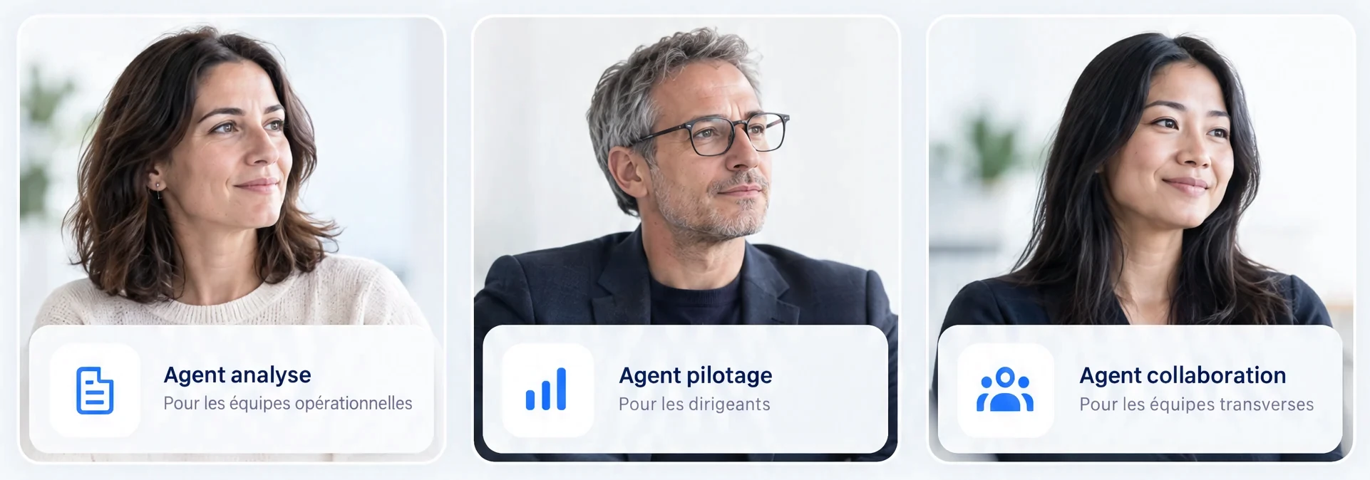Trois personnes, chacune avec son agent IA d’entreprise : un agent analyse pour les équipes opérationnelles, un agent pilotage pour les dirigeants, un agent collaboration pour les équipes transverses.