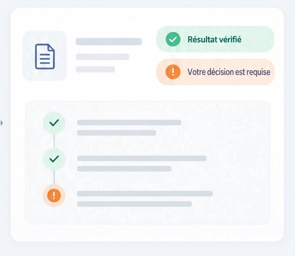 A panel of criteria: work verified step by step, “Verified result” or “Your decision is required”.